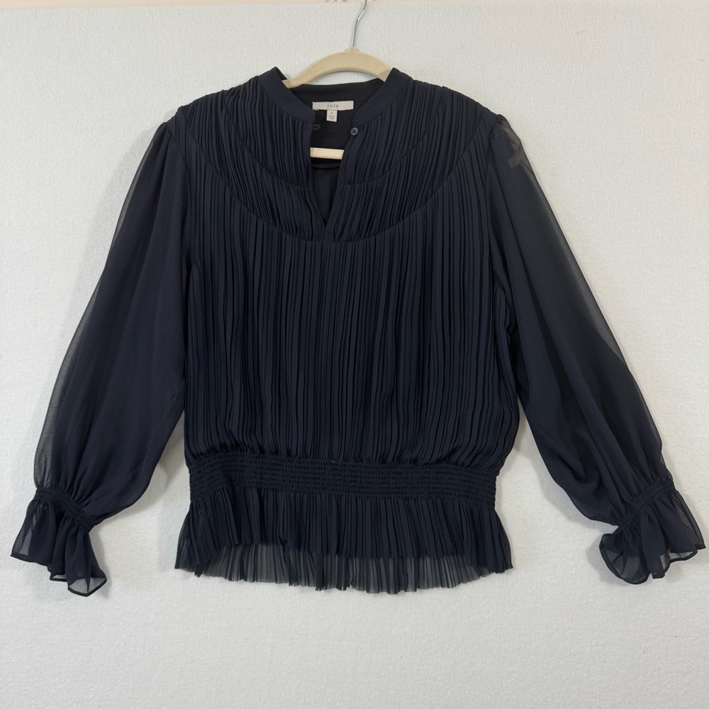Joie Navy Blue Sheer Pleated Ruffle Long Sleeve V Neck Shirt Size L Size S